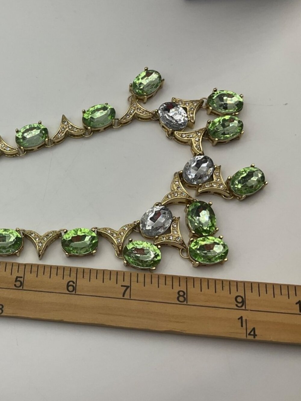 Vintage 60's Arnold Scaasi Cn Signed Gold-Tone Necklace Green Clear Crystals Adj - Picture 8 of 11